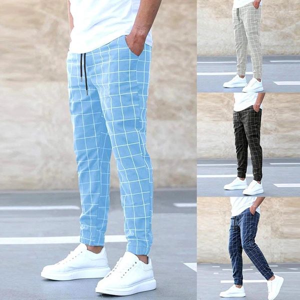 Pantalones para hombres Classic Plaid Print Mens Lápiz 2023 Otoño Slim Fit Pantalones Vintage Raya Impreso Flaco Apretado Hombres Recto