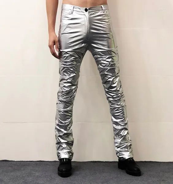 Pantalones para hombres Color Hombres Trajes PU Pantalón Erkek Pantolon Moda Pantalones plisados Club nocturno Streetwear Shinny Sexy Cuero