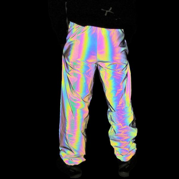 Pantalons pour hommes Pantalons de survêtement réfléchissants colorés Hommes Femmes Night Rainbow Reflect Light Sports Jogging Pantalon Hiphop Dance Fluorescence 3XL 230320