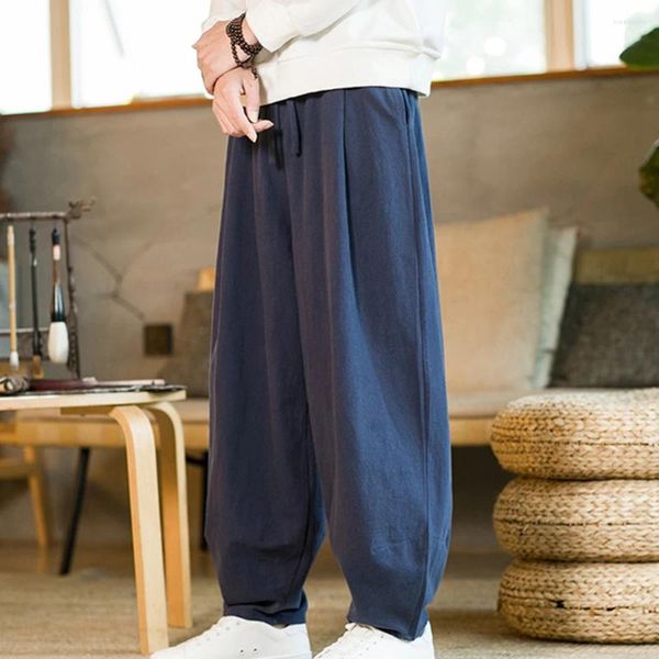 Pantalones para hombres Cómodos Moda Invierno Otoño Pantalones Color Sólido Cintura Ancha Baggy Algodón Y Lino Ajuste Linterna Pantalón Pierna