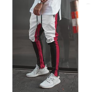 Pantalons pour hommes contraste couleur épissé Joggers pantalons de survêtement coton lettres imprimé maigre coupe ajustée musculation pantalon de sport