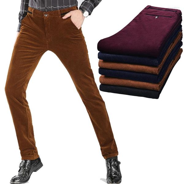 Pantalones de pana gruesos para hombre, informales, para otoño e invierno, ajustados, para negocios y oficina, color marrón, rojo, vino, azul marino y negro