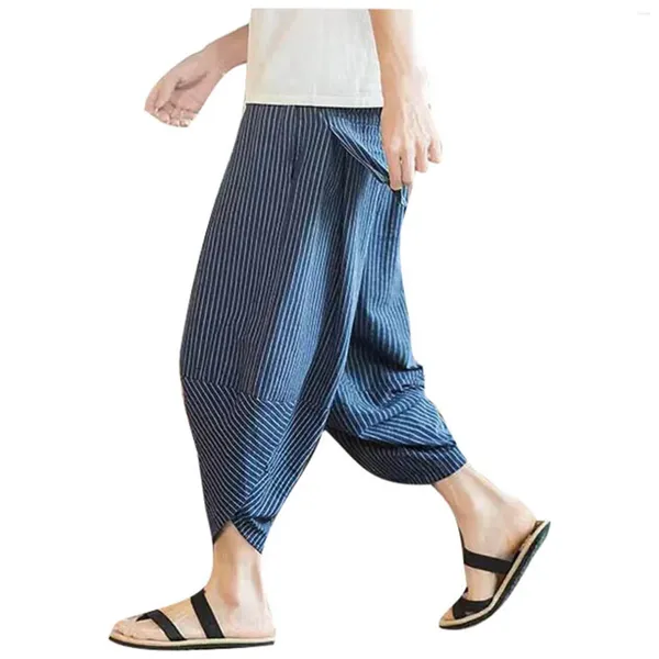 Pantalon homme coton et lin Harem hommes été rayé imprimé Baggy pantalon Streetwear Vintage décontracté ample mâle Pantalons