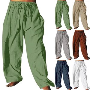 Pantalon homme coton et lin extérieur quotidien couleur unie cordon multi poche ample droite chambre mémoire H petite maison grande