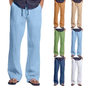 Pantalons pour hommes en coton et lin en plein air quotidien couleur unie cordon de serrage multi-poches jambe droite ample 9 10 entraînement pour hommes avec poches