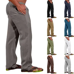 Pantalons pour hommes en coton et lin extérieur quotidien couleur unie cordon multi-poches jambe droite ample avec mousse garçon