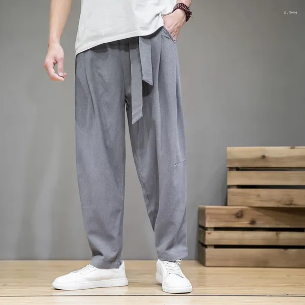 Pantalones de hombre, pantalones de algodón y lino, pantalones de chándal holgados de talla grande 5XL de color caqui y gris, pantalones de chándal informales con cordón, ropa de calle para correr