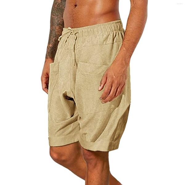 Pantalones de hombre Mezcla de algodón Cordón sólido Media cintura elástica Ajuste holgado Baggy Harem Summer Holiday Beach Shorts para