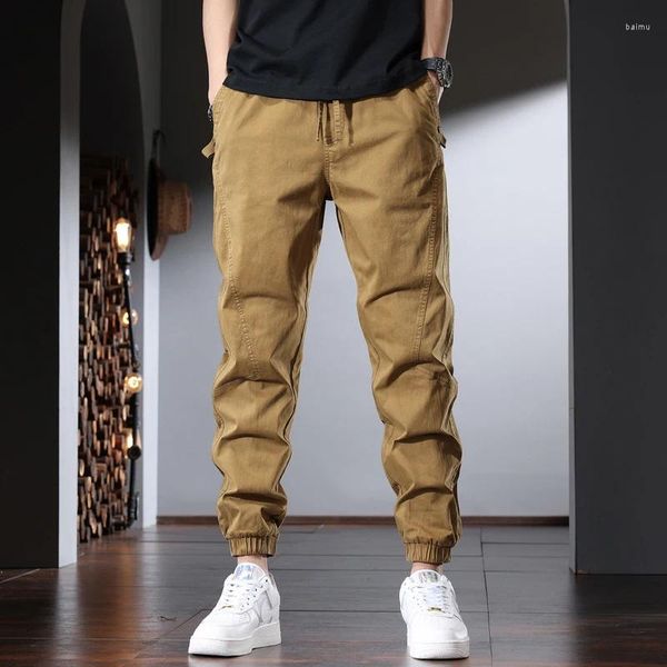 Pantalones para hombres Algodón Caqui Casual Hombres Moda Streetwear Cintura elástica Cordón Joggers Pantalones