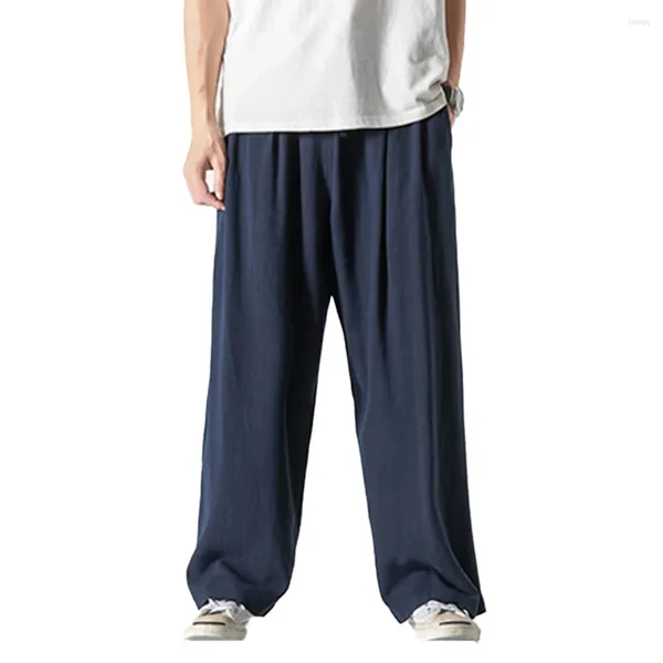 Pantalones de Hombre Mezcla de Lino de Algodón Pantalón de Pierna Ancha Pantalones Color Sólido Casual Holgado Cintura Elástica Suelta Suave Recta