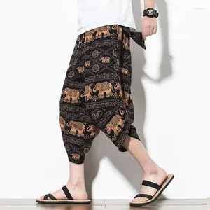 Pantalons pour hommes Coton Lin Ethnique Imprimer Hommes Capris Summer Beach Hawaii Vacances Casual Patalon Mâle Thaïlande Chinois Népal Vintage