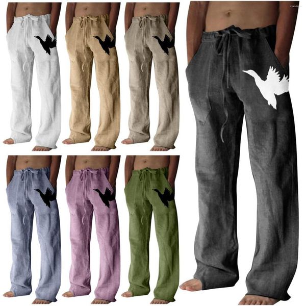 Pantalon homme coton lin pour homme oiseau imprimé décontracté coupe ample Baggy Hippie Style rétro classique chaussette garçon Stretch