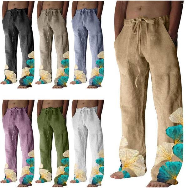 Pantalones para hombres Lino de algodón para hombres Estampado de hojas Casual Ajuste holgado Baggy Estilo hippie Pantalones de negocios Deportes 8 Simple