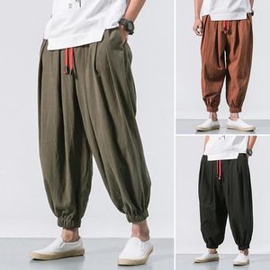 Pantalones para hombres Harem de lino de algodón Hombres Sólido Elástico Cintura Streetwear Joggers 2024 Baggy Drop-Chortch Pantalones casuales