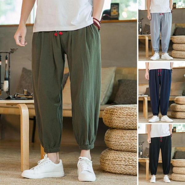 Pantalones de hombre - Algodón Lino Harem Hombres Sólido Elástico Cintura Streetwear Joggers Baggy Drop-crotch Pantalones casuales