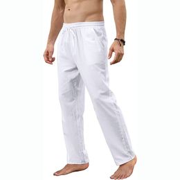 Pantalons pour hommes coton lin lâche printemps décontracté mâle respirant couleur unie pleine longueur cordon survêtement pantalon de Yoga 230324