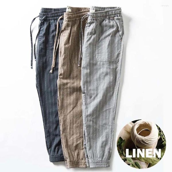 Pantalones para hombres algodón lino hombres livianos de verano cordero cintura pantalón elástico de ajuste relajado relajado pantalones de playa 2024 azul marino