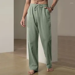 Pantalon pour hommes en lin en coton solide hommes pantalon mode tra nous respirant des poches droites pantalon de taille élastique mâle