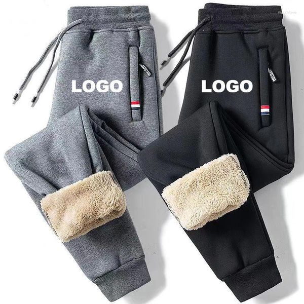 Pantalones de hombre con logotipo personalizado, pantalones de lana de cordero de invierno, pantalones deportivos informales cálidos, pantalones de chándal para correr, pantalones de lana con cordón sólido para hombre