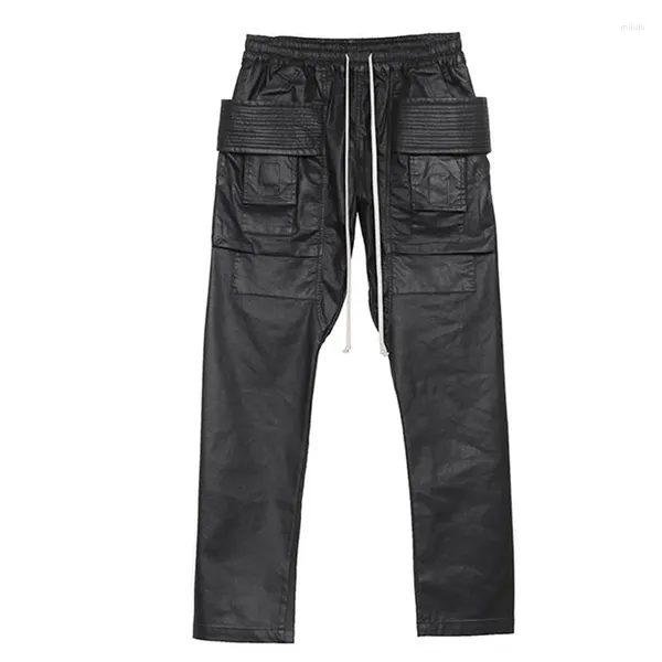 Pantalones para hombres Superficie de cera recubierta oscura Doble bucle Cargo Hombres Algodón Parkour Sudor Pantalones casuales con cordón