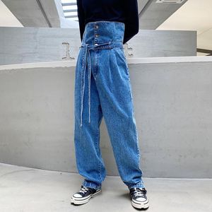 Herenbroeken ontwerp sense strappy high taile jeans mannen en vrouwen lossenden met spiegelbeen veter taille tas broek papa daddy trend