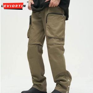 Pantalon pour hommes Pantalon de couleur unie détachable pour hommes avec ourlet ouvert et grandes poches, vêtements de rue décontractés, taille élastique ample 230826