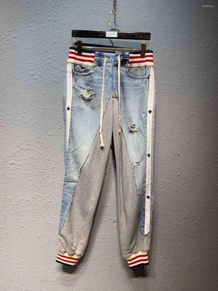 Pantalons pour hommes à prix réduit Hommes Hi Streetwear Distressed Denim Patchwork Jog Sweatpants