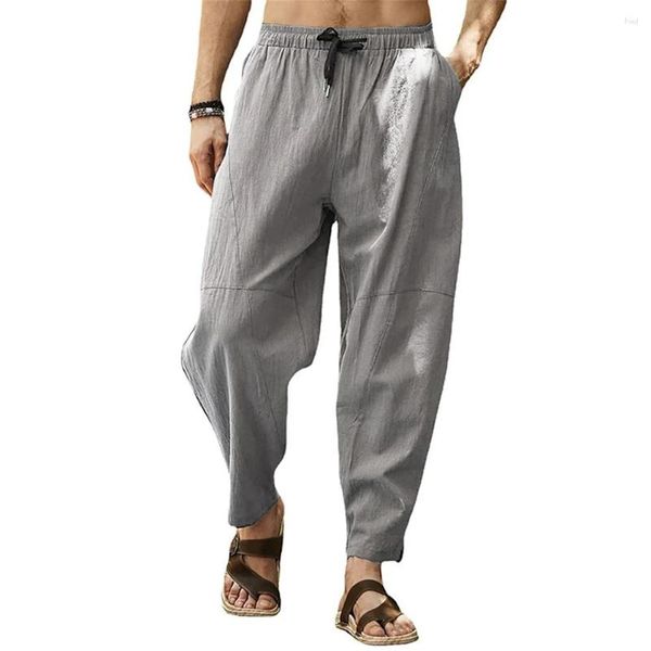 Pantalones para hombres lino de algodón de algodón transpirable joggers de la linterna suave la cintura elástica de elástica yoga pantalones