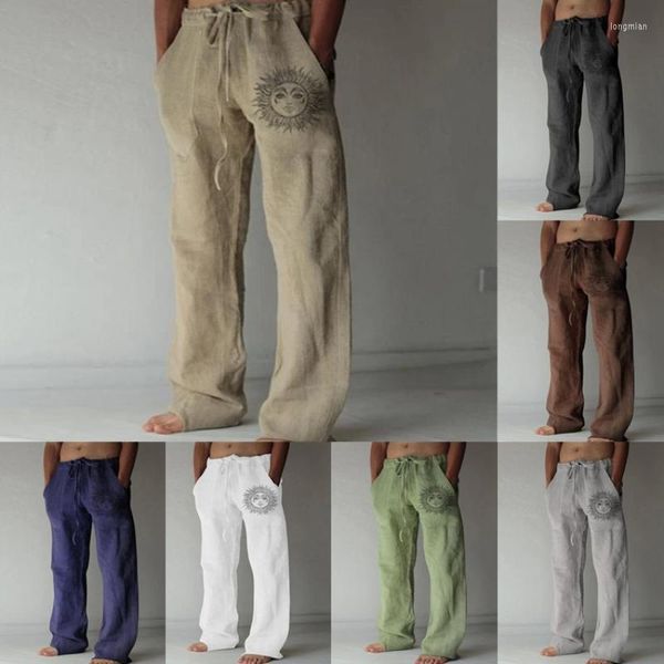Pantalon Homme Cordon de Serrage Taille Élastique Grande Taille Imprimé Coton Lin Lâche Décontracté