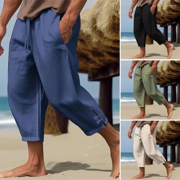 Pantalon pour hommes cordon de serrage lin vacances d'été plage recadrée avec taille élastique entrejambe profonde couleur unie pour un