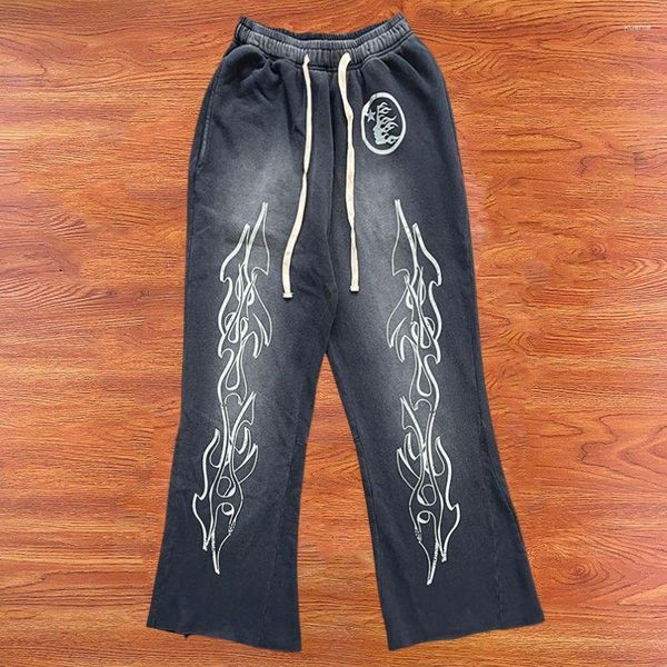 Pantalones de hombre Drop HELLSTAR Black Washed Retro Flame Print Cordón Pantalones Casual Bell-bottoms Hombres Mujeres Pantalones de chándal