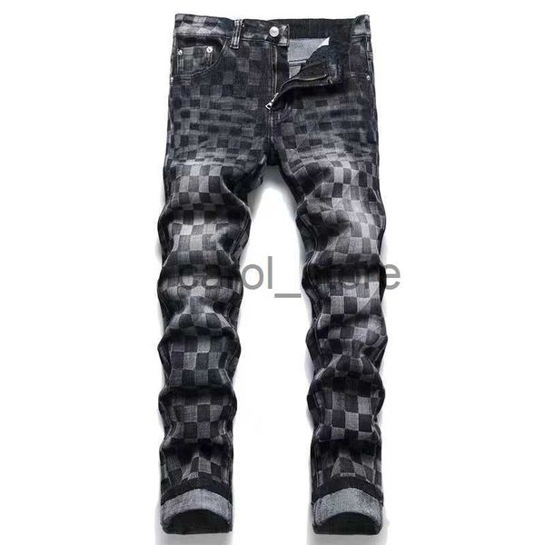 Pantalons pour hommes EHMD Jeans brodés à carreaux pour hommes haute élastique mince coton cuir Standard haute rue pantalons de luxe impression 3D dégradé J231208