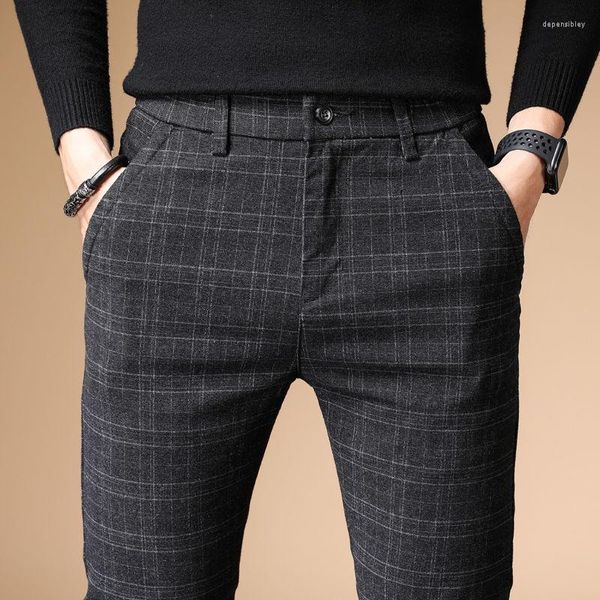 Pantalones de hombre elásticos informales ajustados para hombre 2023, pantalones de trabajo de vestir, moda de verano, pantalones ajustados a cuadros Vintage para hombre, ajuste elástico, negro de negocios