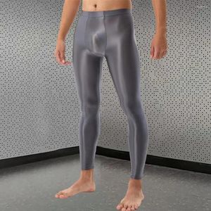 Pantalon élastique pour hommes, soyeux, lisse, coupe ajustée, Leggings longs avec poche bombée convexe en U, respirant, taille moyenne, solide