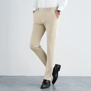 Pantalon masculin style mode mode simple élégant haut élastique hommes bouton de poche à fermeture éclair solide printemps pantalon décontracté en soie à glace droite