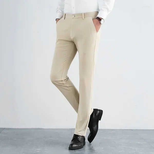 Pantalones para hombres estilo Inglaterra moda simple elegante elegante alta elástica hombres sólido botón de bolsillo de bolsillo resorte de seda de hielo recto pantalones casuales