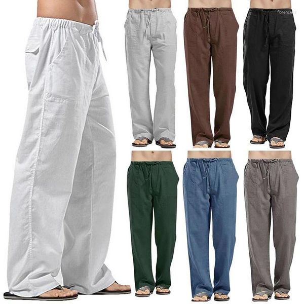 Pantalon homme mode décontracté taille élastique pantalon lin ample droit fête Streetwear grande taille