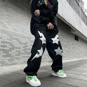 Herenbroek Mode Zwart Denim Heren Zilver Pentagram Patch Hip Hop Shreetwear Losse Casual Jeans Contrast Kleur Harajuku Broek