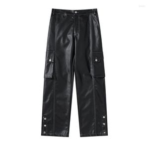 Herenbroek mode zwart pu faux lederen mannen rechte been broek losse broek unisex streetwear baggy punk donkere lading