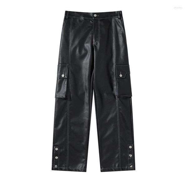 Pantalones de hombre Moda Negro PU Faux Leather Hombres Pantalón de pierna recta Pantalones sueltos Unisex Streetwear Baggy Punk Dark Cargo