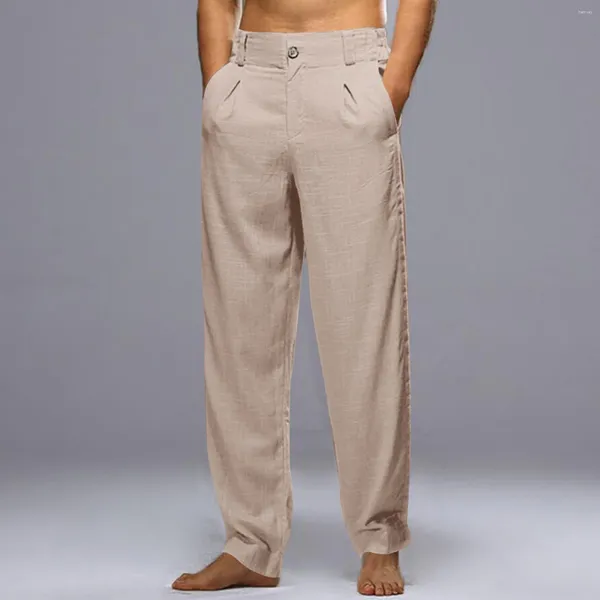 Pantalon pour hommes mode décontracté couleur unie confortable respirant pantalon taille haute élastique bouton grande taille longue avec poches