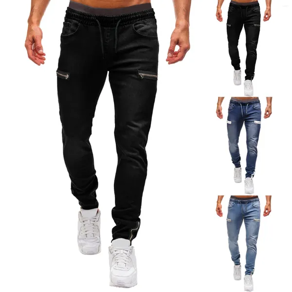 Pantalon en Denim pour hommes, mode décontractée, couleur unie, cordon de serrage, taille élastique, jean ample, Streetwear, poches zippées