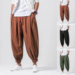 Pantalon pour hommes mode coton lin décontracté couleurs unies pantalon ample respirant Style japonais taille élastique Harem grande taille