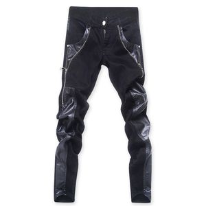 Pantalones para hombres Diseñador de moda Cremallera negra Cuero de motocicleta Coreano Slim Flaco Empalme Denim 230906