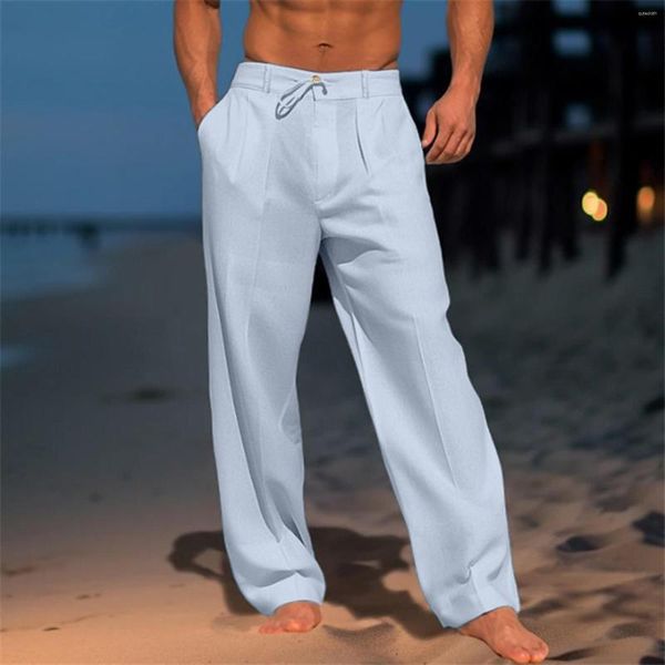Pantalones para hombre Moda Cordón Botón Cintura alta Largo Casual Simple Color sólido Suelto Pierna ancha Pantalón recto con bolsillos