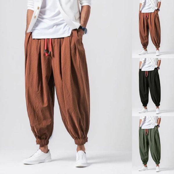 Pantalones para hombres Moda Elástico Color Sólido Suelto Casual Pantalones de pierna ancha Japonés Y2k Algodón Lino Harem Ropa