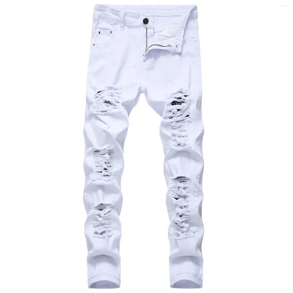 Pantalons pour hommes Mode Trou Streetwear Pantalon Couleur Unie Slim Fit Zippé Jeans Denim Stretch Hip Hop High Street
