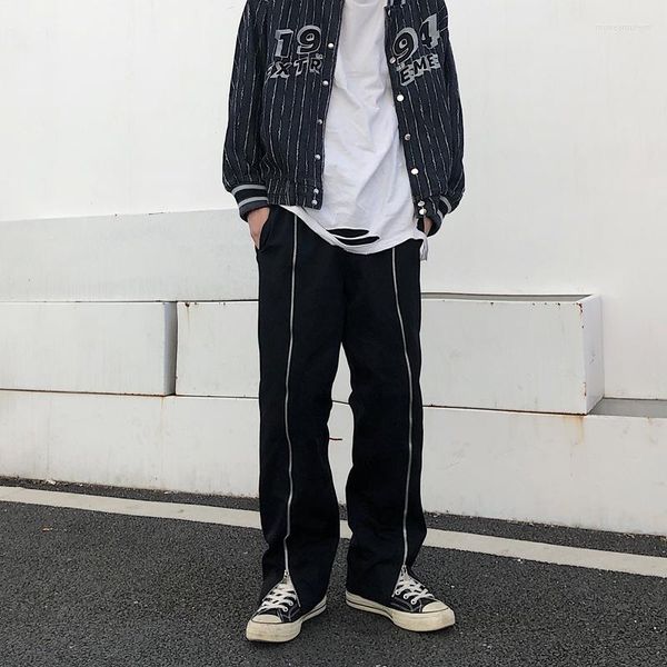 Pantalons pour hommes Mode Coréenne Droite Taille Haute Streetwear Avec Fermetures À Glissière Lâche Harajuku Noir Hip Hop Pantalon En Gros