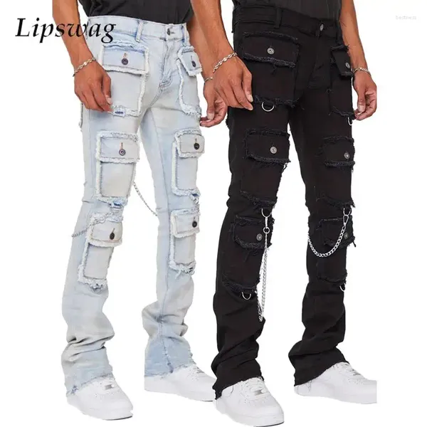 Pantalons pour hommes Mode Hommes Jeans Y2K Esthétique Denim Pantalon Hommes Élastique Slim Droit Jean Streetwear Multi Poches Cargo