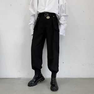 Herenbroek Fashion Men Joggers Pant High Taille Wide Leg Belt Tapered broek metalen schijf Zwart losse hiphop streetwear Oversized broek Man Z0225